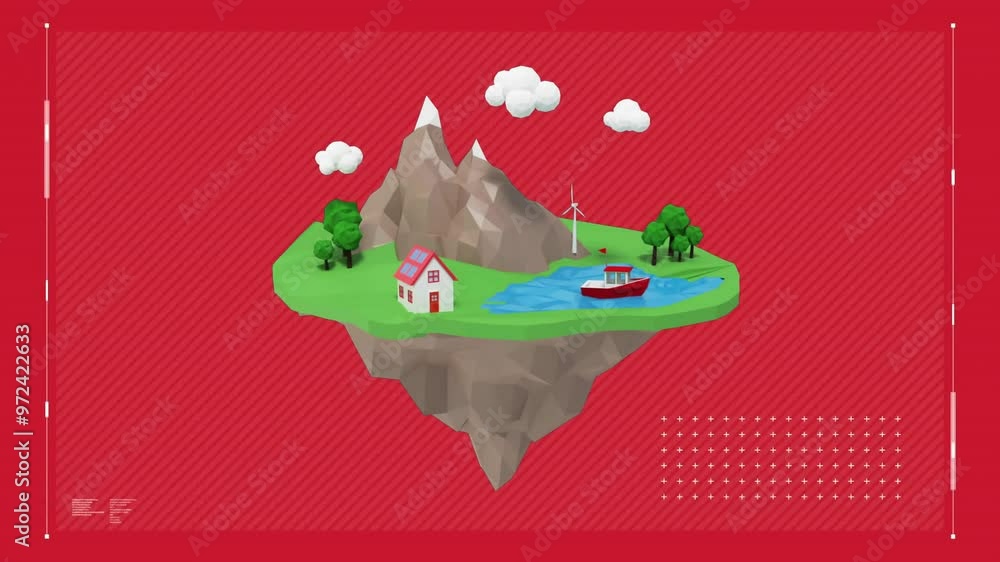 Poster animation of data processing and floating island over red background