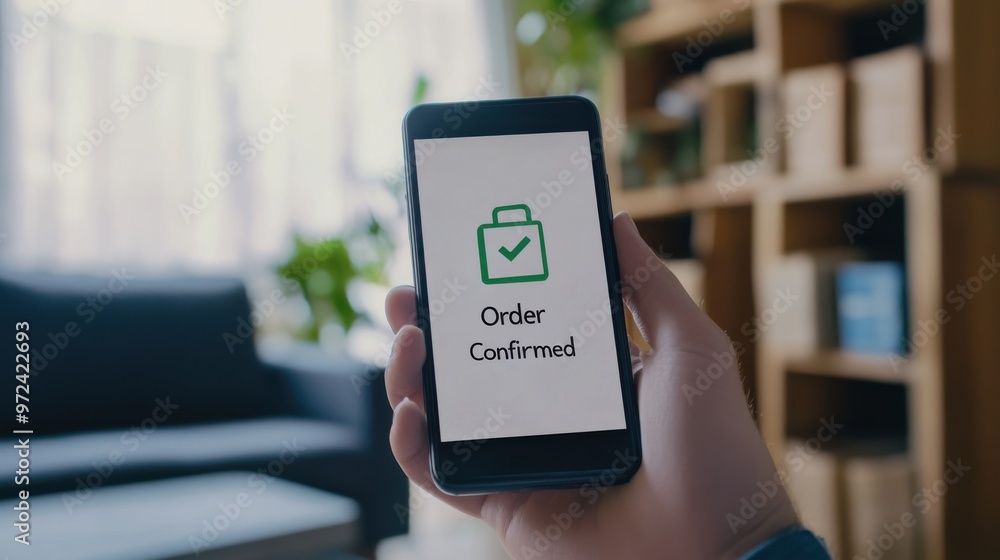 Poster mobile screen displaying a green checkmark with 