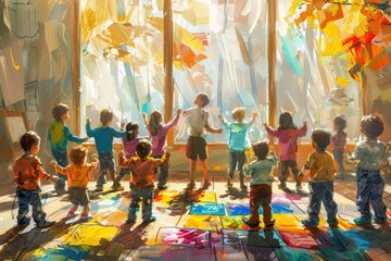 Hand drawn picture of a group of children in an educational institution, round dance, joint physical activities, round dance