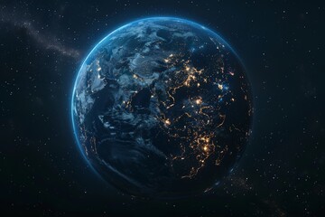 Obraz premium Earth Illuminated by Blue Glow in Dark Space View from Orbit.