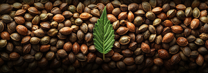 cannabis seeds with one single leaf in the center, symbolizing growth and abundance, cannabis banner