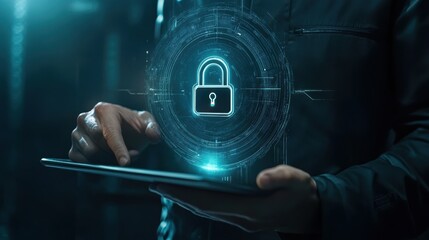 Close-up of a businessperson holding a tablet with a futuristic padlock symbol on a dark background emphasizing cyber protection