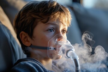 Boy doing inhalations, portrait close up, concept of treatment and health