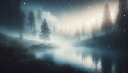 Fototapeta premium A forest with a river and trees in the background. The sky is cloudy and the sun is setting