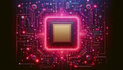 A computer chip with a red and gold frame. The frame is made of many small squares. The squares are all different sizes and colors