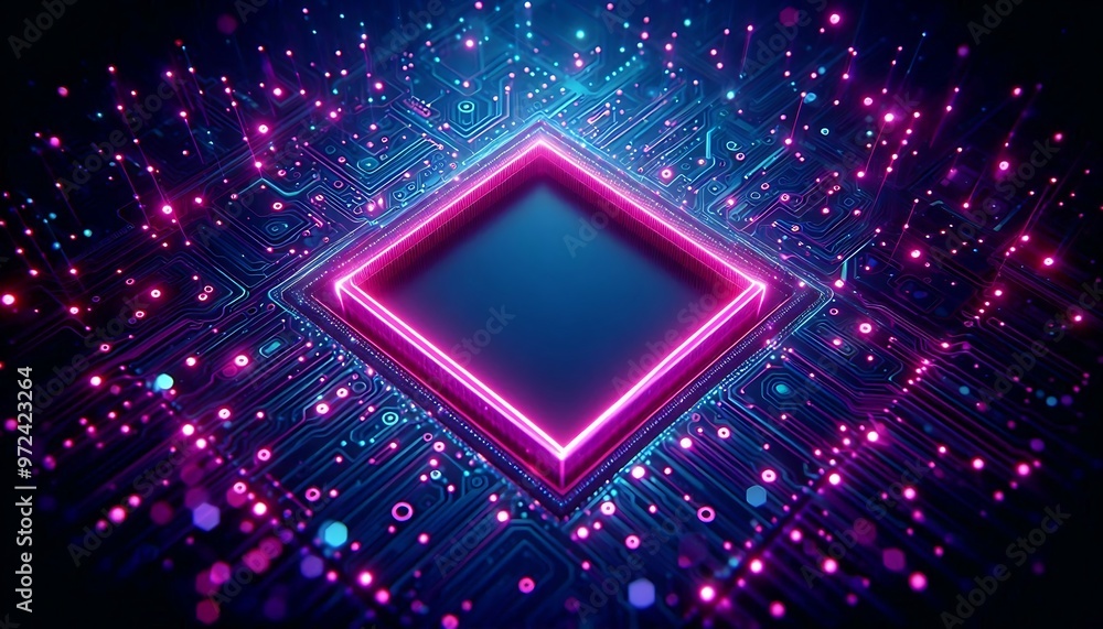 Poster a computer chip with a pink square in the middle. the chip is surrounded by a blue background