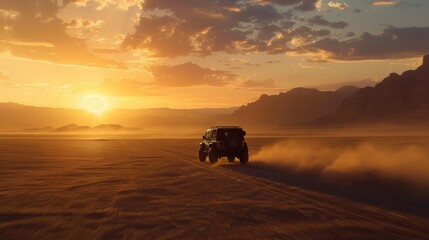 Brand new SUV in the desert climbing sand dune splashing sands around