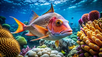 A peculiarlooking fish with an exceptionally long, pointed nose swims in front of a vibrant coral reef, its