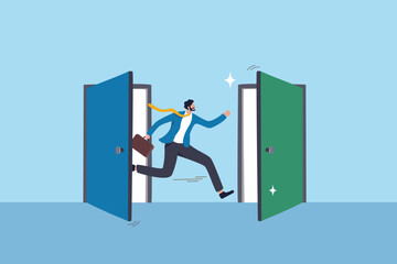 Change job, career transition or move to new opportunity, employee turnover, resignation or leave company, new job, employment, recruitment concept, businessman leave open door to new opportunity.