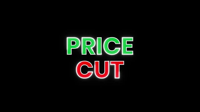 Animated neon sign with flashing green PRICE and red CUT text on a black background. Perfect for promotional videos, sales announcements, or social media posts.