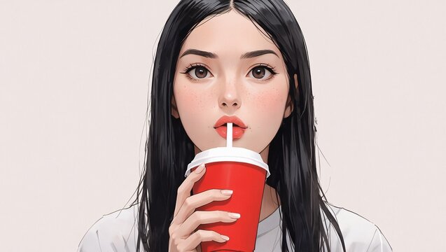 Closeup of a woman illustration slurping and drinking from a red paper cup.