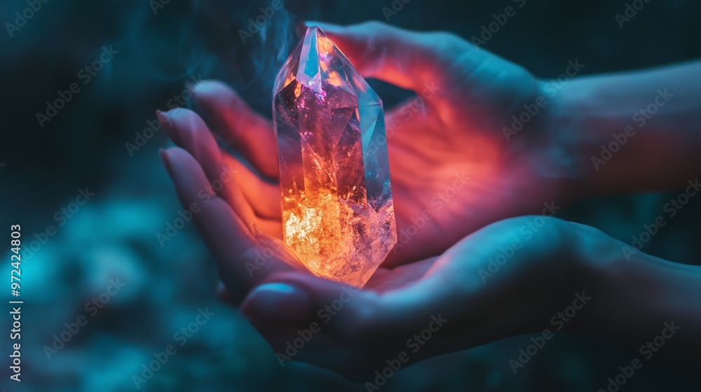 Poster a person holds a glowing crystal in their hands during twilight in an enchanted forest setting
