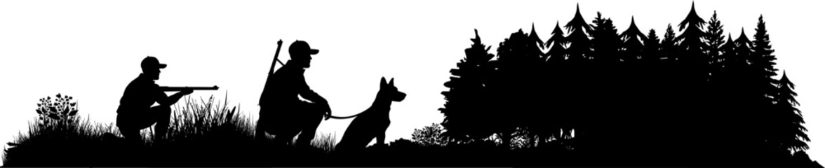 Naklejka premium Jagd Vektor Silhouette Landschaft und Natur - Zwei Jäger mit Hund am Waldrand mit Gewehr in der Hocke bei der Pirsch - Bäume, Tannen und Büsche