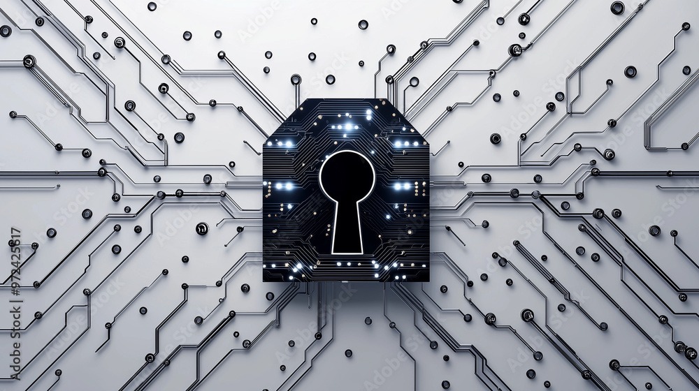 Poster illustration of a digital lock with circuits and data streams, representing cybersecurity, clean min