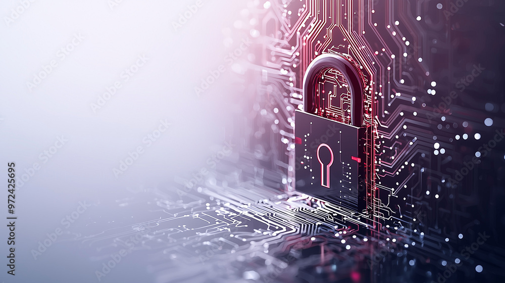 Poster illustration of a digital lock with circuits and data streams, representing cybersecurity, clean min