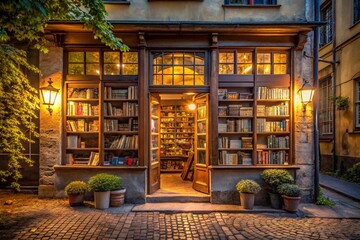 A quiet bookstore tucked away in a small urban street, with warm lighting spilling out.