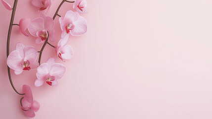 Fototapeta premium Soft Pastellfarbener Rosa Hintergrund mit eleganten Orchideen. Harmonische Farbverläufe treffen auf zarte Blüten. Ideal für Wellness, Spa, Hochzeit, Frühling. Vielseitiges Design für diverse Projekte