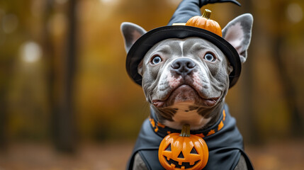 A blue-nosed American Bully dog dressed in Halloween attire, wearing a cute witch hat and cloak with a pumpkin on the collar, outdoor photography, cute, outdoor forest background,