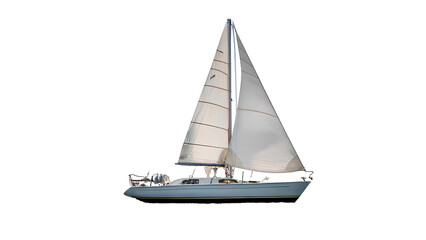 Yacht with sail on white background. Sailboat, small vessel, close-up, PNG format.