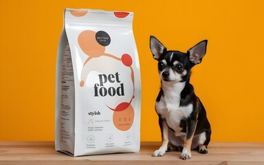 Chihuahua sitting beside a stylish white pet food package labeled Pet Food, against a bright orange background.