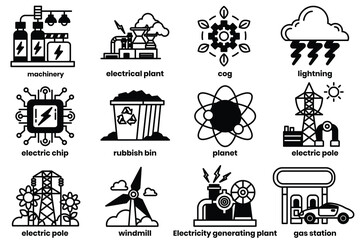 Obraz premium Set of illustrations in the concept of renewable energy in line drawing style.