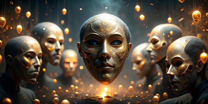 Golden masks depicting emotion and identity, representing imposter syndrome in an artistic setting