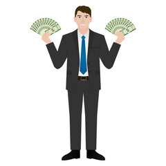 Businessman Holding Dollar Cash. Man Holding Money Cash. Vector Illustration.