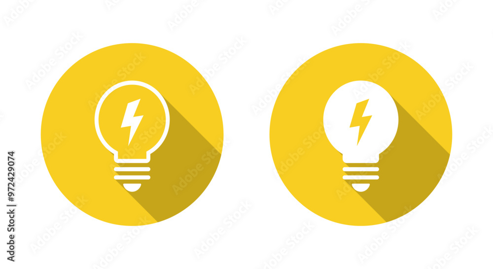 Poster lightning bulb icon with long shadow. lamp with flash concept