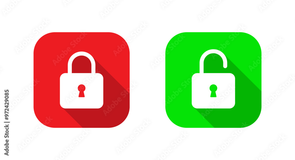 Poster lock and unlock icon on square background. padlock with long shadow