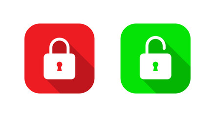 Lock and unlock icon on square background. Padlock with long shadow