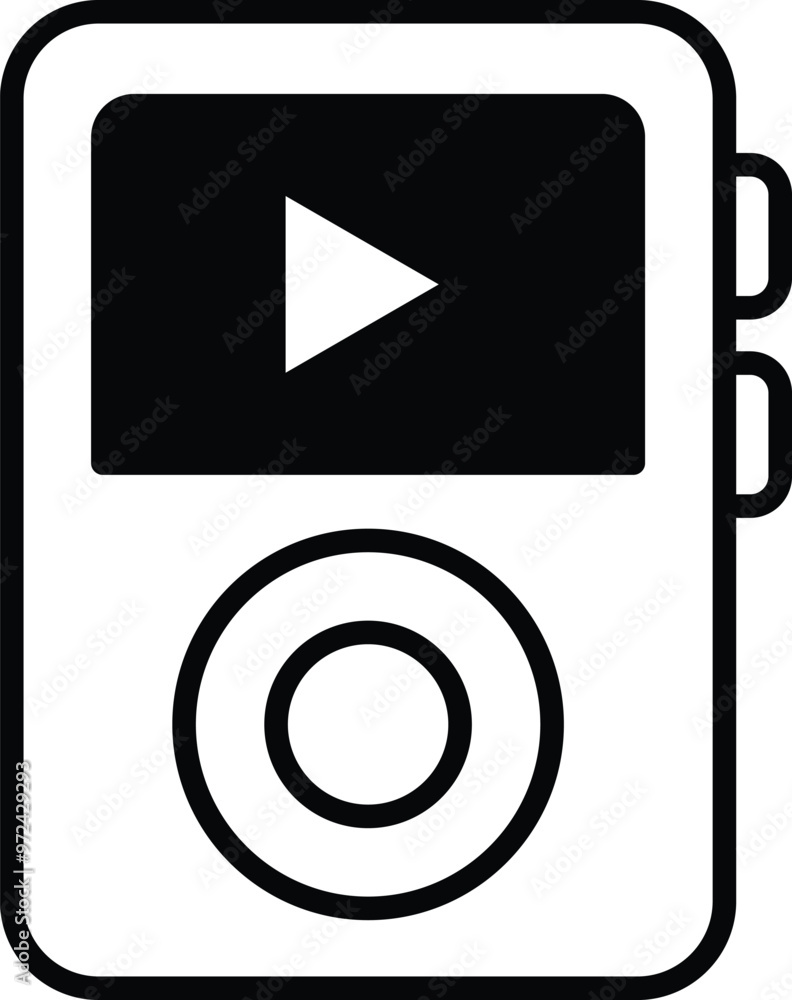 Poster a black and white music player with a arrow pointing to the play button
