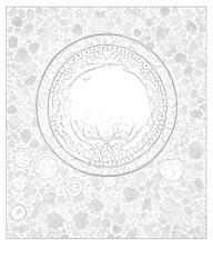 Obraz premium A gray and white poster with a moon and a circle on it.
