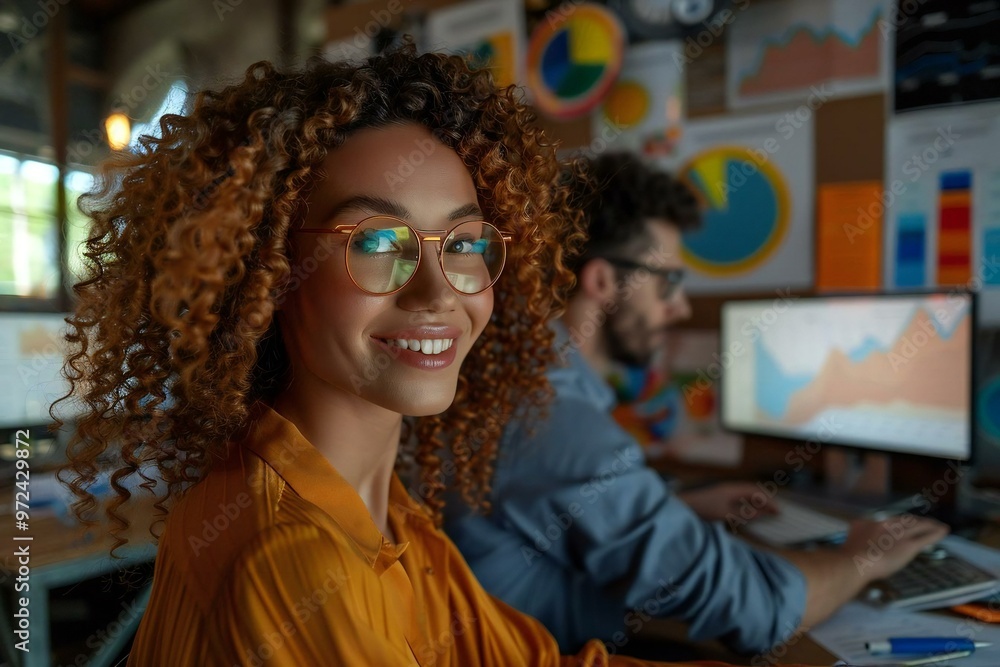 Poster beautiful woman wearing eyeglasses is smiling and looking at the computer screen, while a man with a