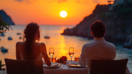 Romantic sunset dinner for two by the beach.