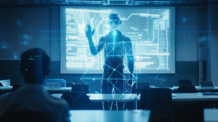 A holographic AI teacher presents data in a futuristic classroom, interacting with digital screens. The scene highlights advanced technology and the integration of AI in education.