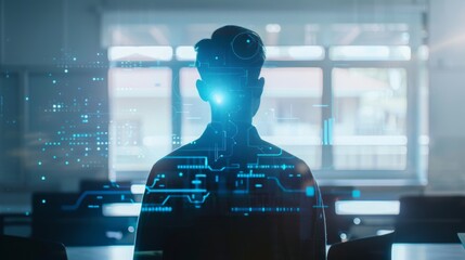 A silhouette of a holographic AI teacher is overlaid with a digital interface, featuring blue glowing circuits. The futuristic scene symbolizes the integration of AI in education