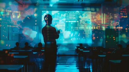 A holographic AI teacher presents in a futuristic classroom, engaging students with advanced data visualizations and digital displays. The room glows with high-tech ambiance.