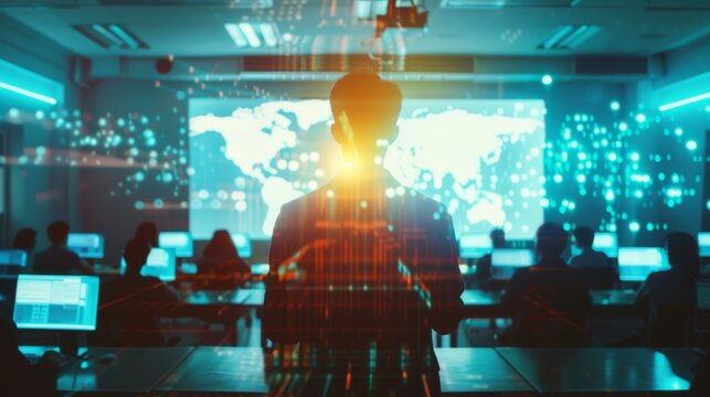 A holographic AI teacher stands before a tech-enhanced classroom, with students at computer stations and digital data overlays. Futuristic education through AI and technology