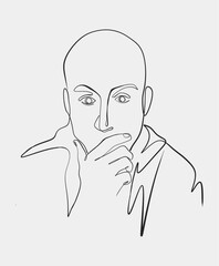 Minimalistic black outline of a bald man with a hand on his chin, conveying a contemplative or thoughtful expression.