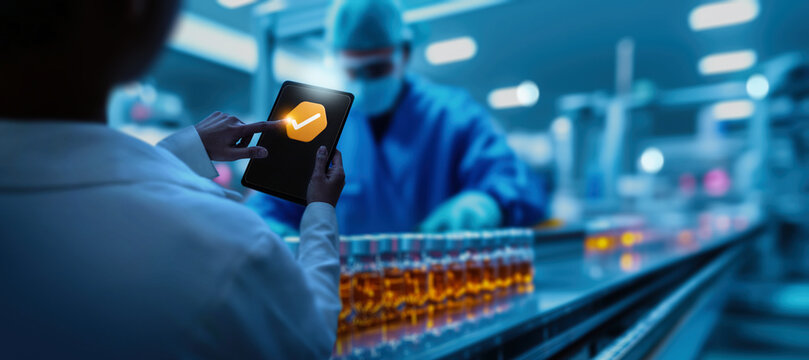 laboratory scene showing a professional using a tablet for quality control. The tablet displays a checkmark, indicating successful verification, while in the background,