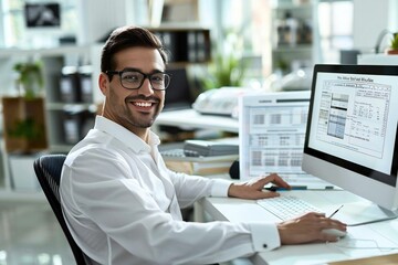 Obraz premium The beautiful accountant man is smiling and wearing eyeglasses as he focuses on his computer screen preparing an invoice bill.