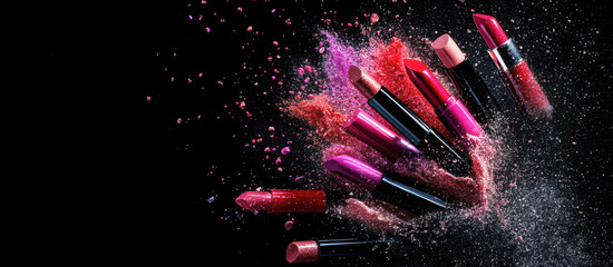 Vibrant lipsticks in various shades of red and pink burst in dynamic motion against a dark background