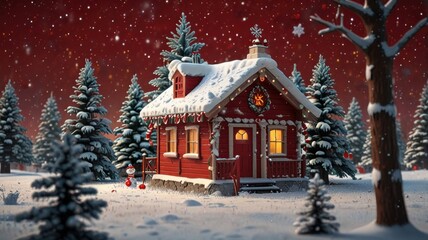 Fototapeta premium Christmas cabin with snow and festive lights