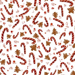 Seamless Christmas pattern, Gingerbread Christmas Tree cookies. Christmas spirit, Christmas traditions, Hand drawn. White background
