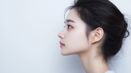 Fototapeta premium Profile of a Japanese female model deep in thought, standing against a white background