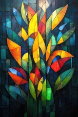 Colorful abstract stained glass depicting vibrant plant with geometric leaf patterns