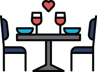 A table with two wine glasses and two bowls, with a heart drawn on the table