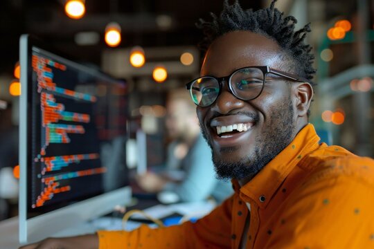 beautiful man with eyeglasses is smiling and laughing while writing program code on a computer in an office, looking focused at the screen.