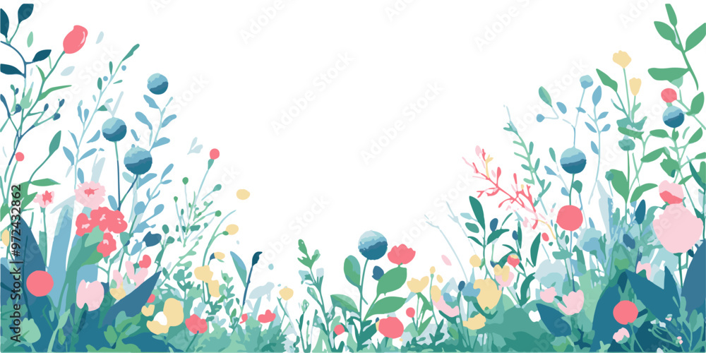 Wall mural Vector illustration of a meadow with blue, pink, and white flowers and green leaves on the bottom edge.