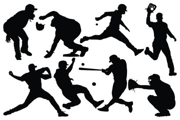 Premium baseball players Vector silhouettes. Baseball batter running up after hit. Softball fielder throwing ball. Different baseball male player positions. Batter, awaiting a pitch, with the catcher.